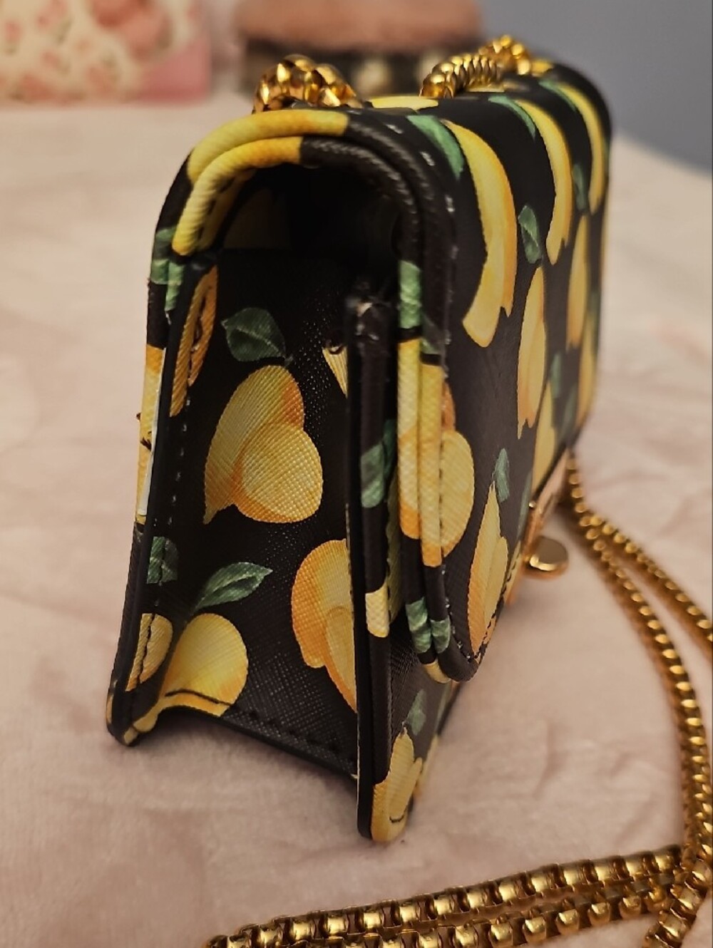 Black Lemon-Print Crossbody Bag with Gold Chain Strap -1 Free Bag Charm Included - Picture 4 of 7
